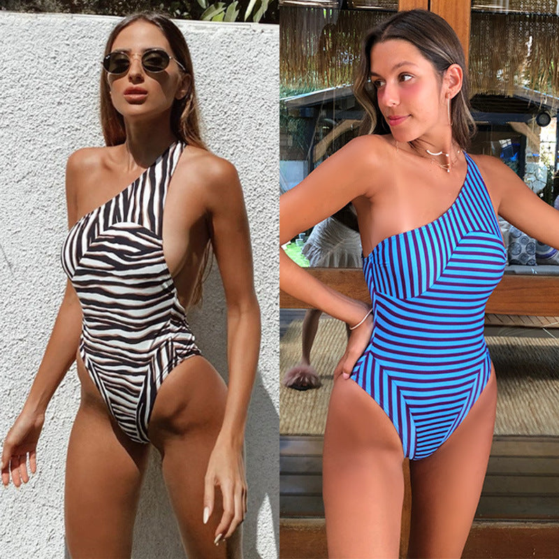 Aliexpress One-Piece Swimsuit Striped Multicolor Irregular Backless Sexy