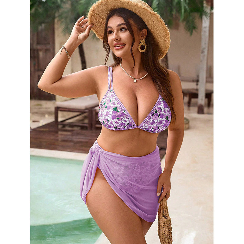 Womens Printed Swimsuit 3 Piece Set Lace Up Bikini Swimwear