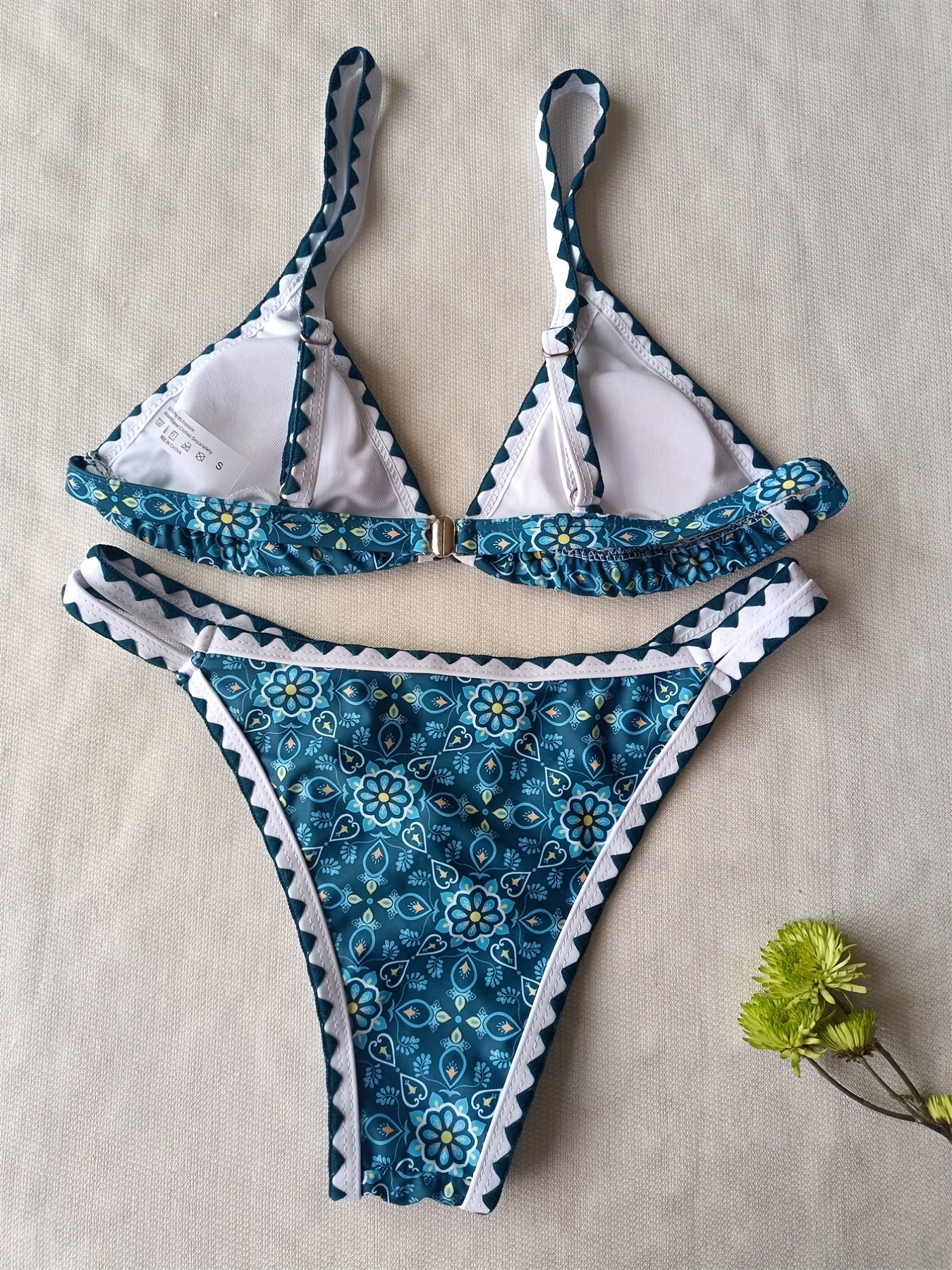 New Blossom Charm High-Cut Bikini Set For Summer – Strapless Floral Print Swimsuit with Elegant Embroidered Cut-Out Triangular Top Contrast Trim and Back Buckle – Women’s 2-Piece Summer Beachwear