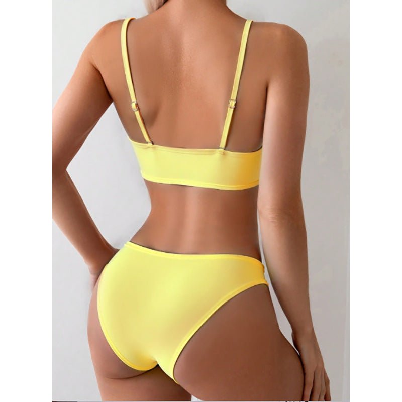 Solid-color Halter Split Swimsuit For Women
