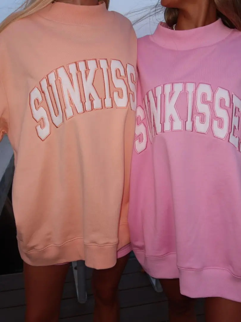 Papaya Orange Varsity Sunkissed Embroidered Mockneck Sweatshirt 100% Cotton