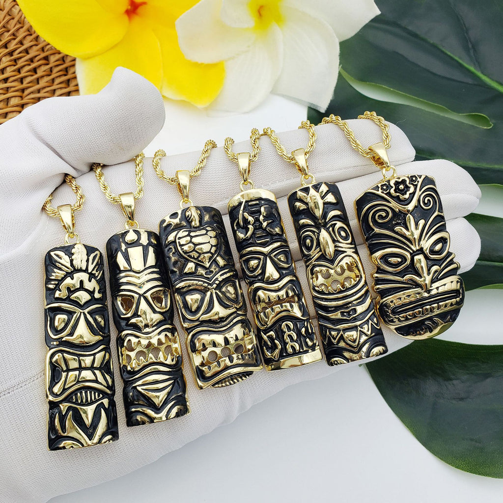 Hawaiian Tribe Style Black Oil Dripping Tiki Necklace Polynesian Totem Pendant
