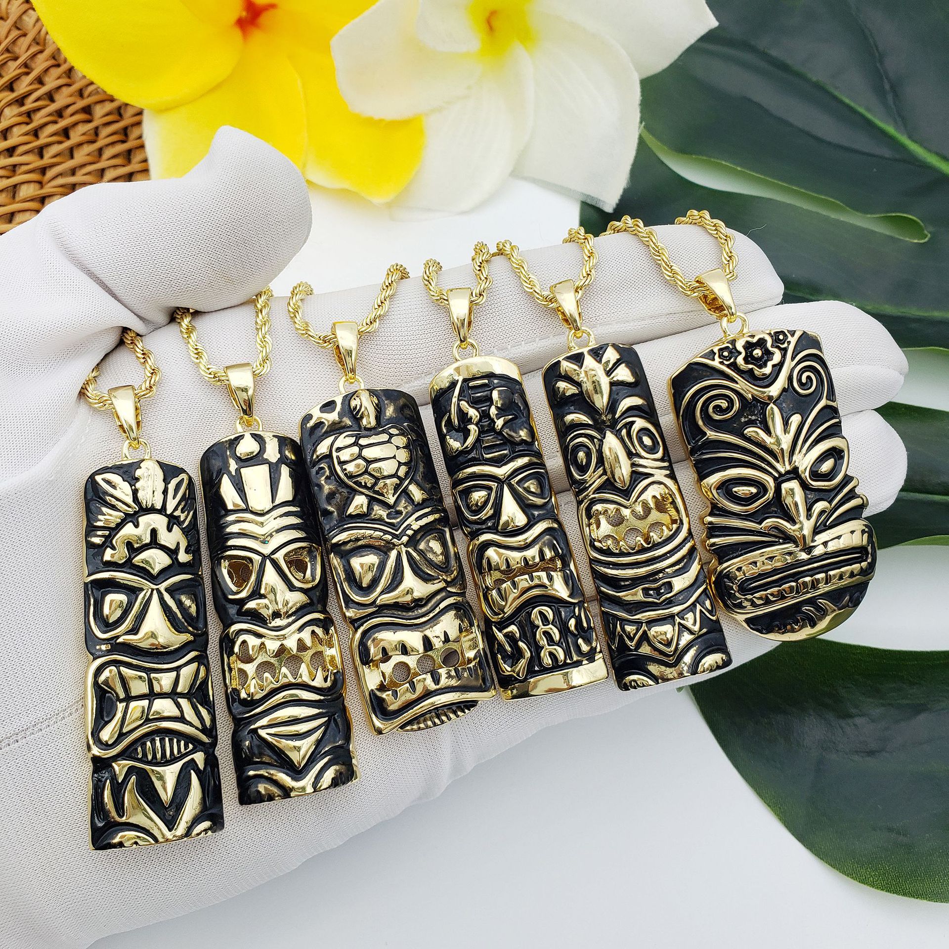 Hawaiian Tribe Style Black Oil Dripping Tiki Necklace Polynesian Totem Pendant