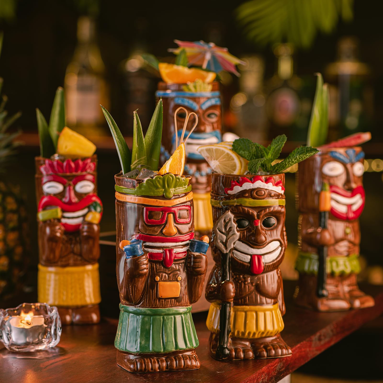Cocktail Tiki Mugs Set Of 4 - Exotic Mug With 4 Coasters And 4 Straws，Cute Ceramic Hawaiian Style Cocktail Glasses For Party And Tropical Tiki Bar，Mai Tai Drinkware (Glossy)