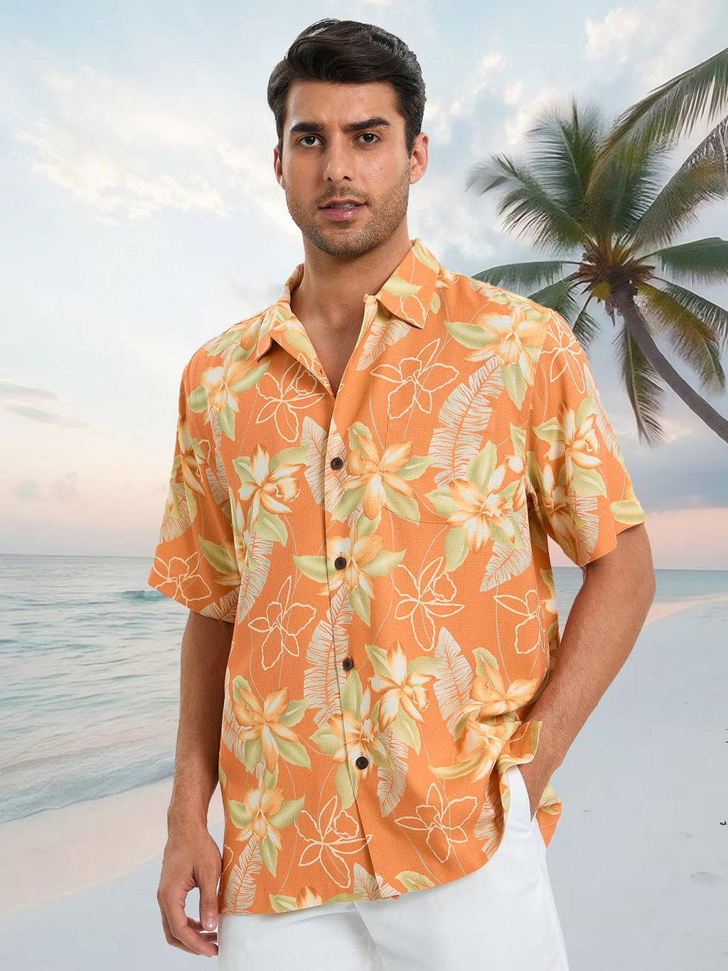 Men's Hawaiian Shirts Silk and Cotton Blend Button Down Short Sleeve Tropical Print Camp Shirts