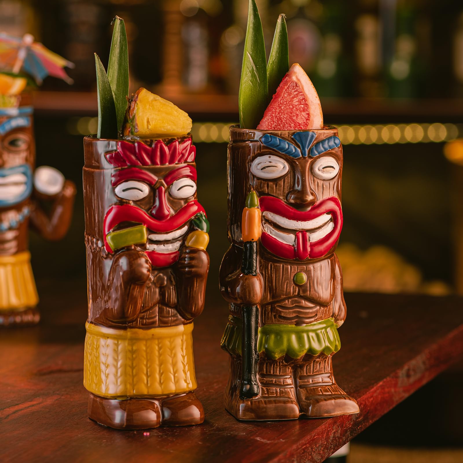 Cocktail Tiki Mugs Set Of 4 - Exotic Mug With 4 Coasters And 4 Straws，Cute Ceramic Hawaiian Style Cocktail Glasses For Party And Tropical Tiki Bar，Mai Tai Drinkware (Glossy)