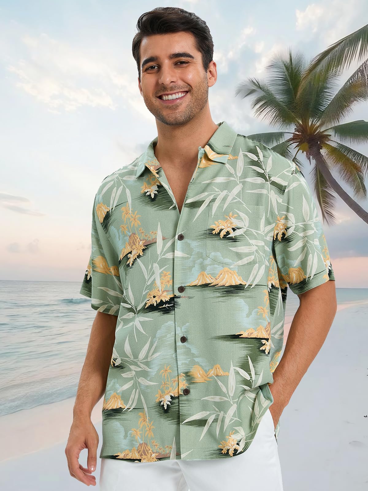 Men's Hawaiian Shirts Silk and Cotton Blend Button Down Short Sleeve Tropical Print Camp Shirts