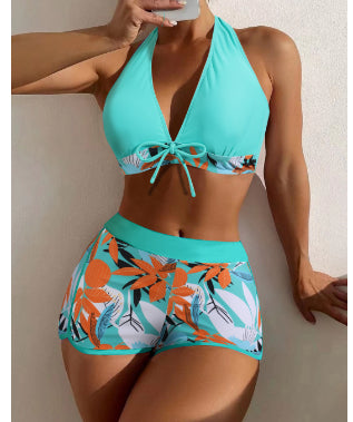 Women's Split High Waist Boxer Tie Print Solid Color Swimsuit