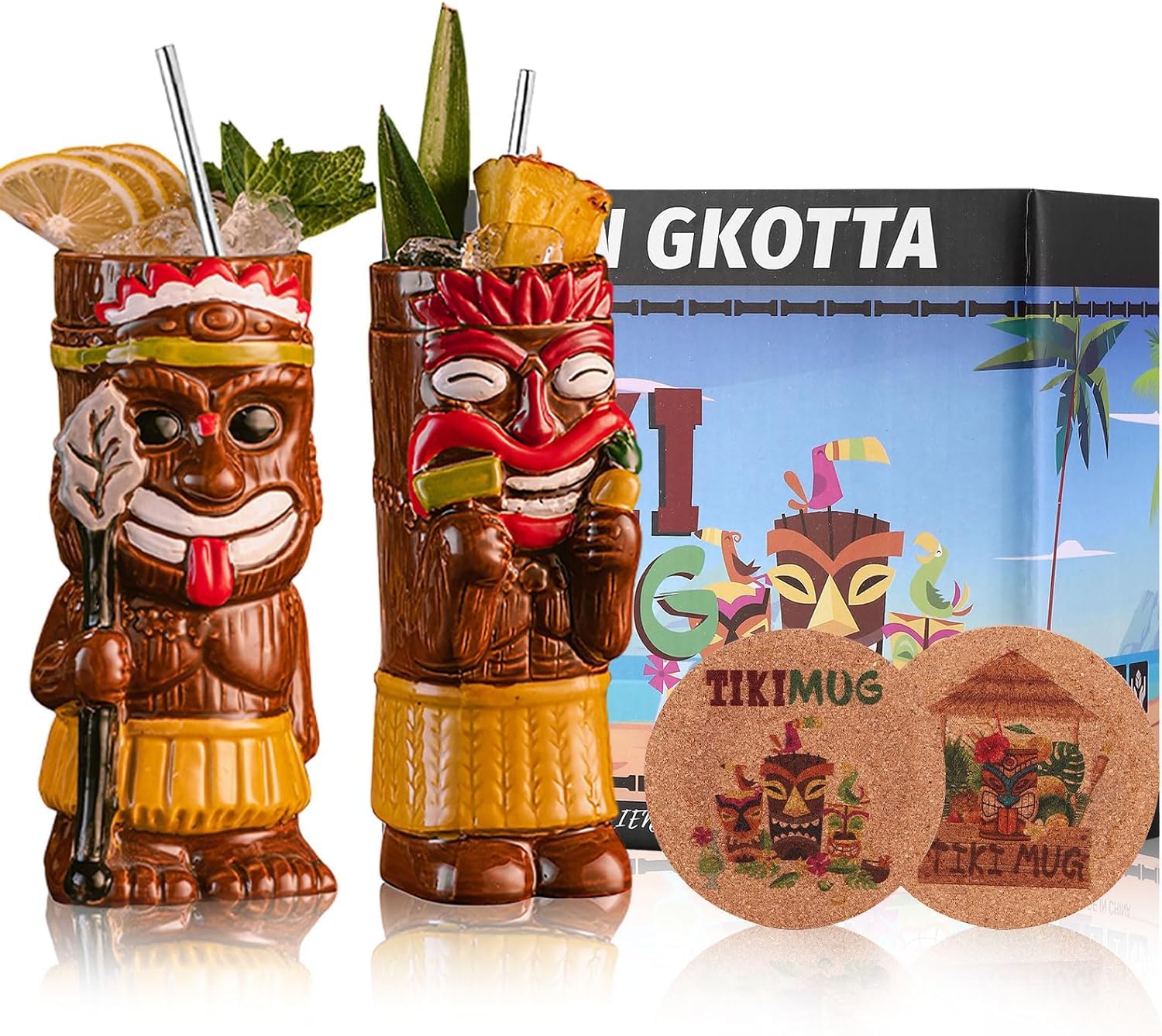 Cocktail Tiki Mugs Set Of 4 - Exotic Mug With 4 Coasters And 4 Straws，Cute Ceramic Hawaiian Style Cocktail Glasses For Party And Tropical Tiki Bar，Mai Tai Drinkware (Glossy)