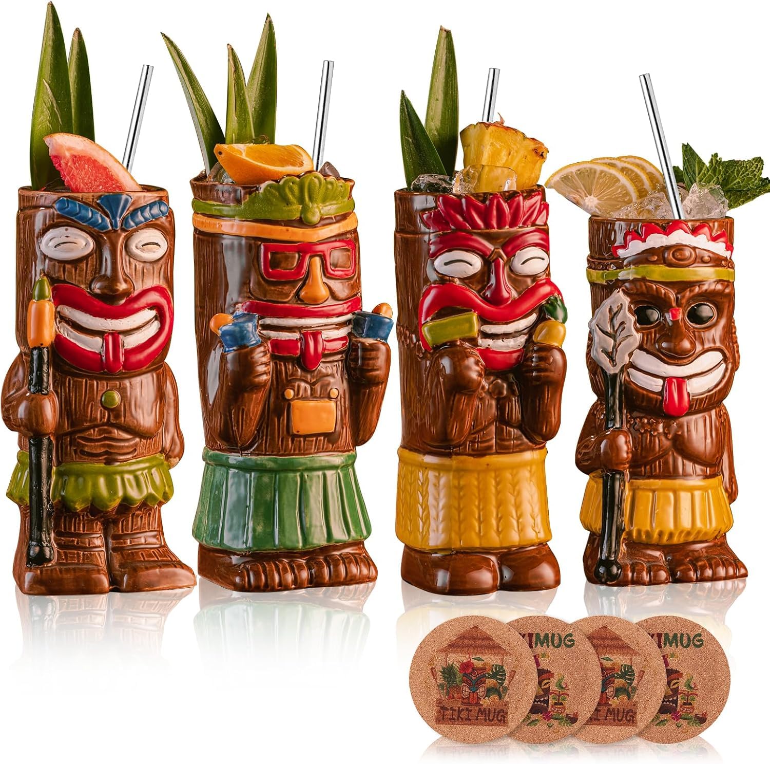 Cocktail Tiki Mugs Set Of 4 - Exotic Mug With 4 Coasters And 4 Straws，Cute Ceramic Hawaiian Style Cocktail Glasses For Party And Tropical Tiki Bar，Mai Tai Drinkware (Glossy)