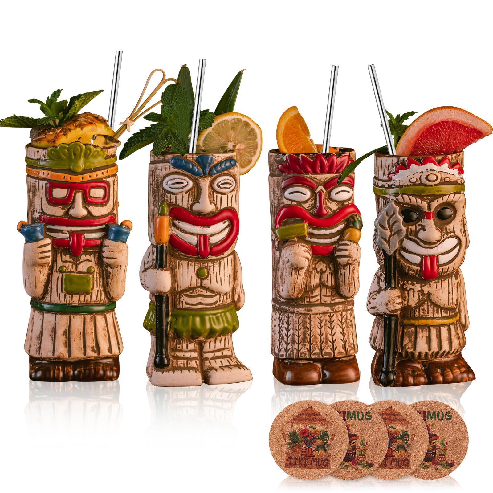 Cocktail Tiki Mugs Set Of 4 - Exotic Mug With 4 Coasters And 4 Straws，Cute Ceramic Hawaiian Style Cocktail Glasses For Party And Tropical Tiki Bar，Mai Tai Drinkware (Glossy)