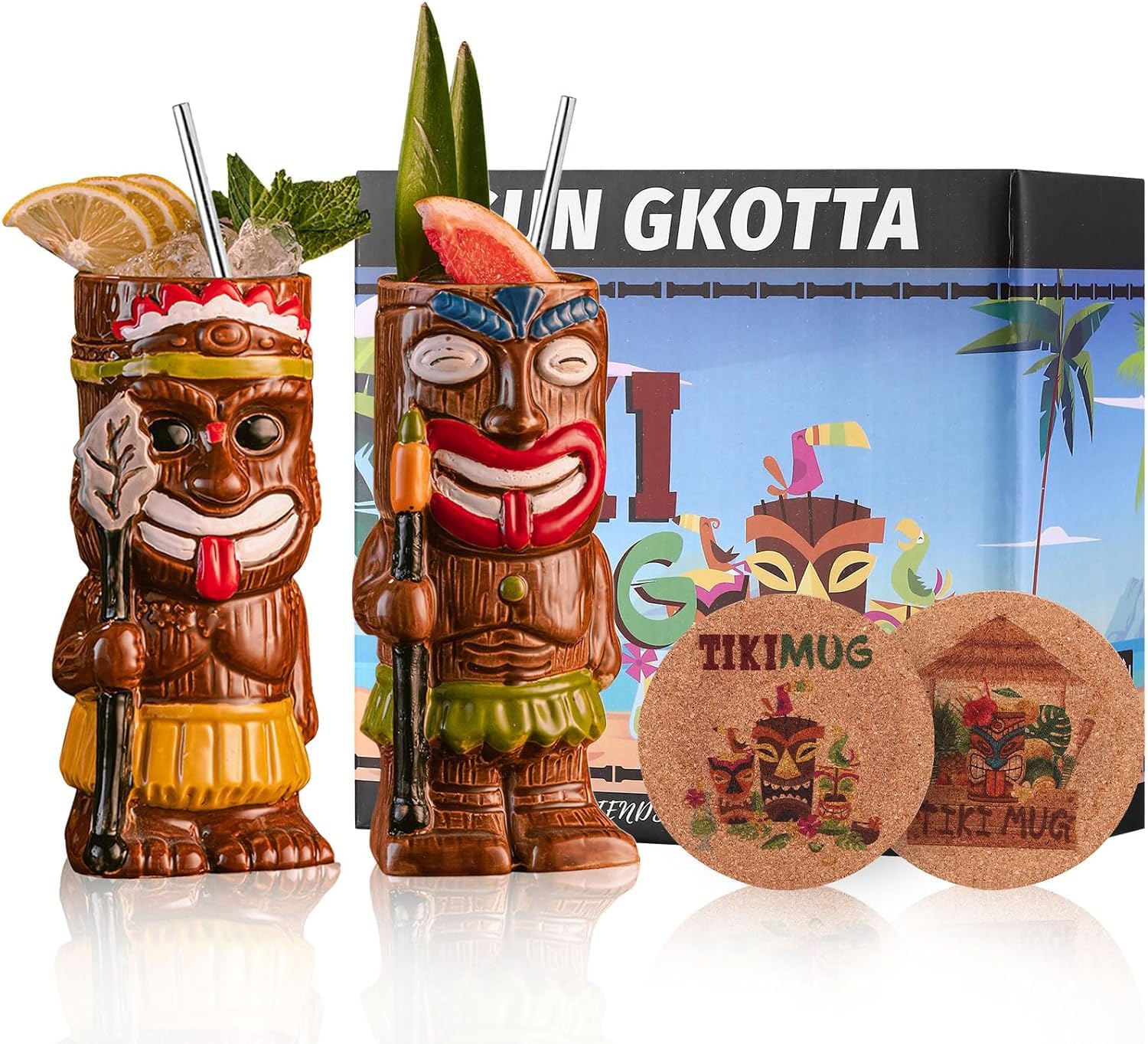 Cocktail Tiki Mugs Set Of 4 - Exotic Mug With 4 Coasters And 4 Straws，Cute Ceramic Hawaiian Style Cocktail Glasses For Party And Tropical Tiki Bar，Mai Tai Drinkware (Glossy)