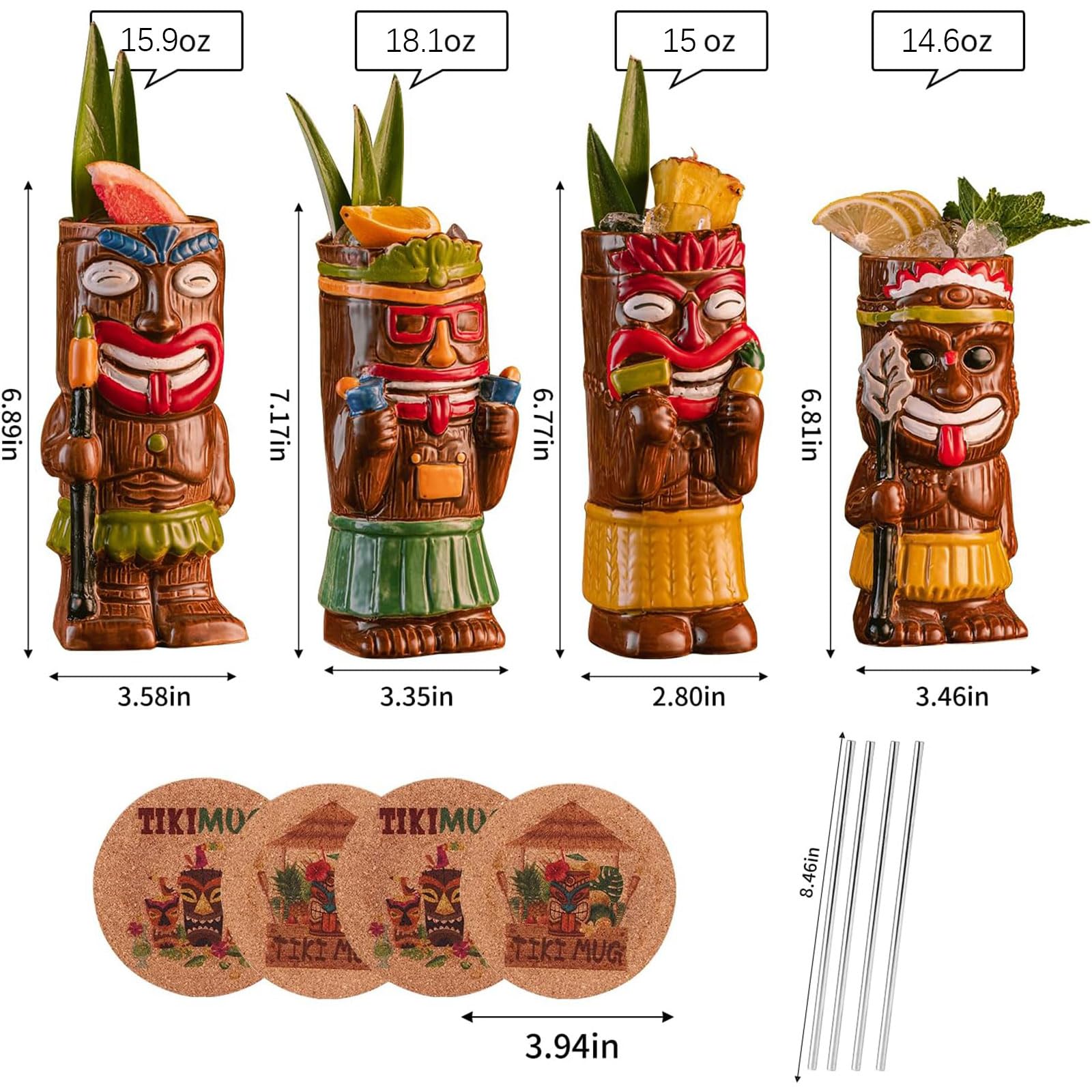 Cocktail Tiki Mugs Set Of 4 - Exotic Mug With 4 Coasters And 4 Straws，Cute Ceramic Hawaiian Style Cocktail Glasses For Party And Tropical Tiki Bar，Mai Tai Drinkware (Glossy)