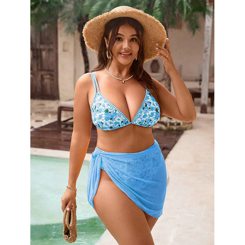 Womens Printed Swimsuit 3 Piece Set Lace Up Bikini Swimwear