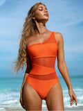 Solid One Piece Swimsuit Women Hollow Out Cutout Out Bathing Suits Mesh Swimwear