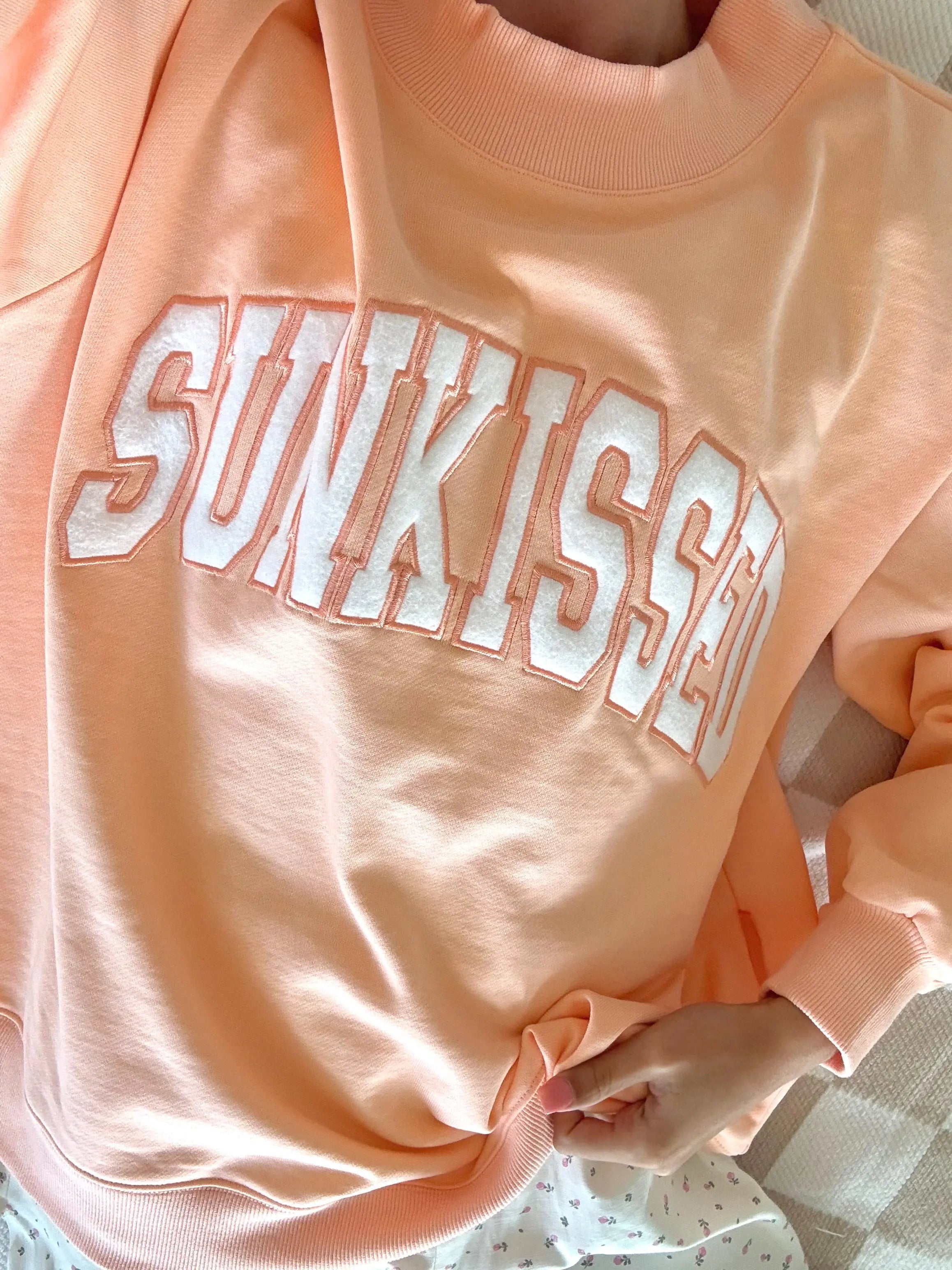 Papaya Orange Varsity Sunkissed Embroidered Mockneck Sweatshirt 100% Cotton