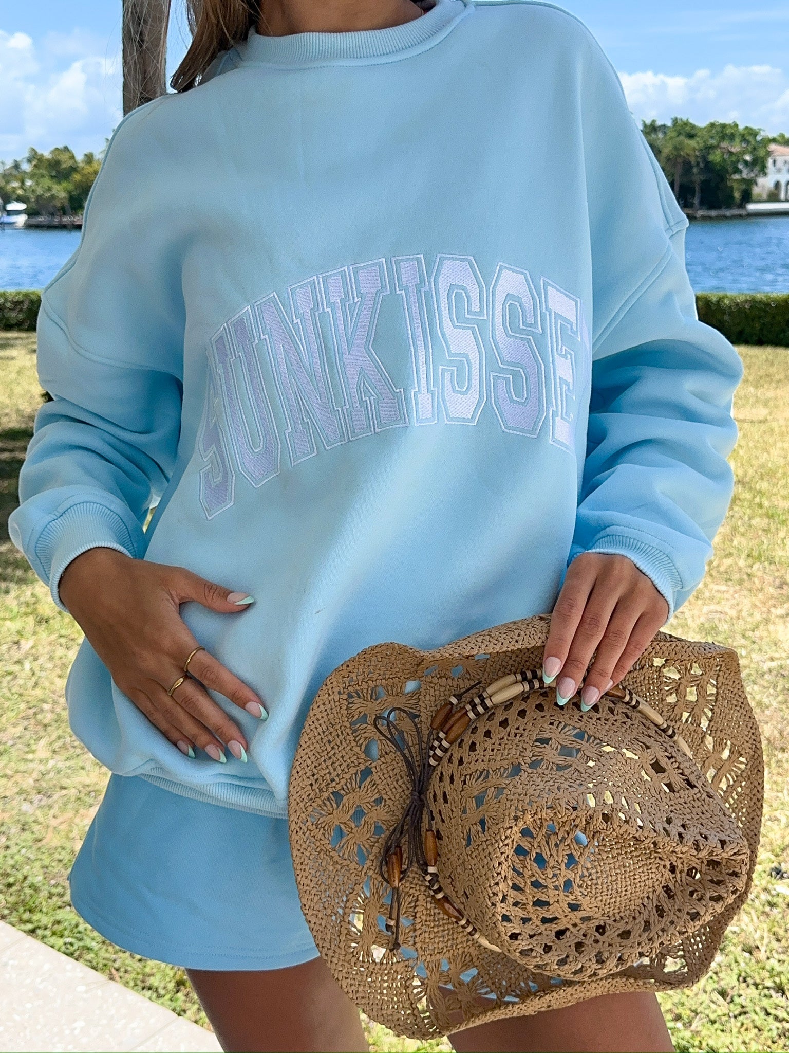 Icy Blue Sunkissed Varsity Embroider Sweatshirt