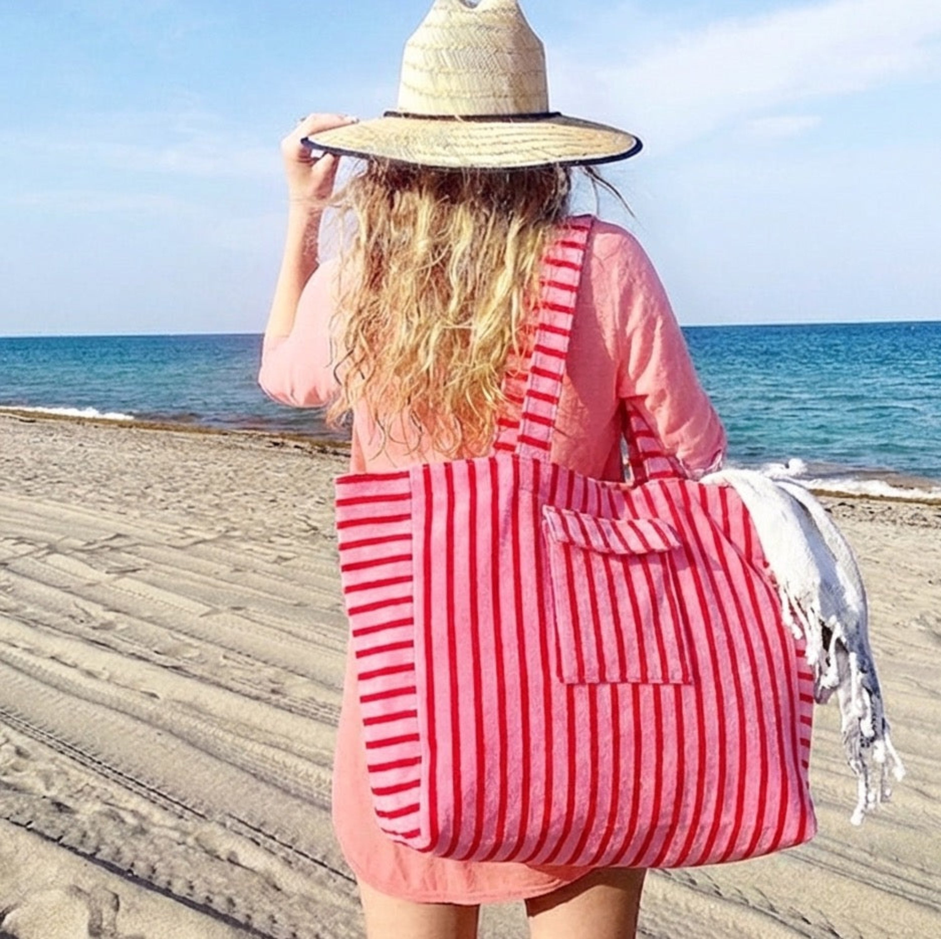 Jumbo Terry Cloth Carryall Striped Beach Bag-4