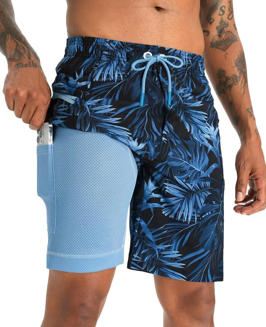 APTRO 2 in 1 Mens Swim Trunks 9" with Zipper Pockets Bathing Suit Built-in Board Shorts Swimwear Long Shorts Palm Blue S