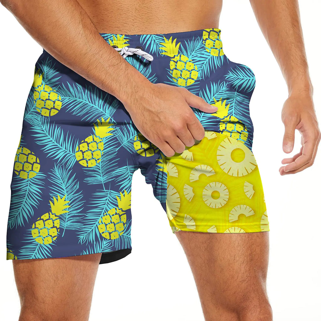 PIANHAUE Mens Swim Trunks with Compression Liner 5 Inch Inseam Quick Dry Pineapple Swimwear Bathing Suit Swim Board Shorts with 4 Pockets