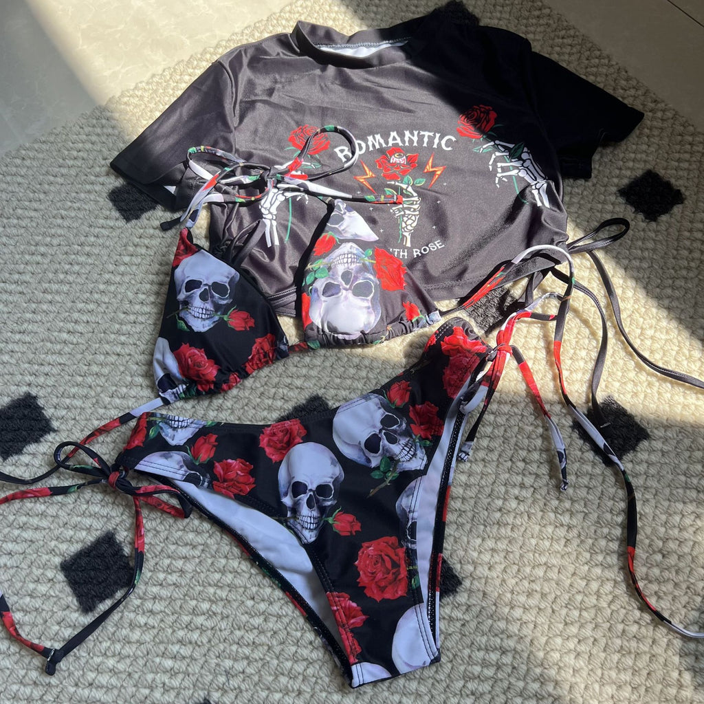 European And American New Sexy Skull Rose Printed Three-piece Set Swimwear Swimsuit Bikini