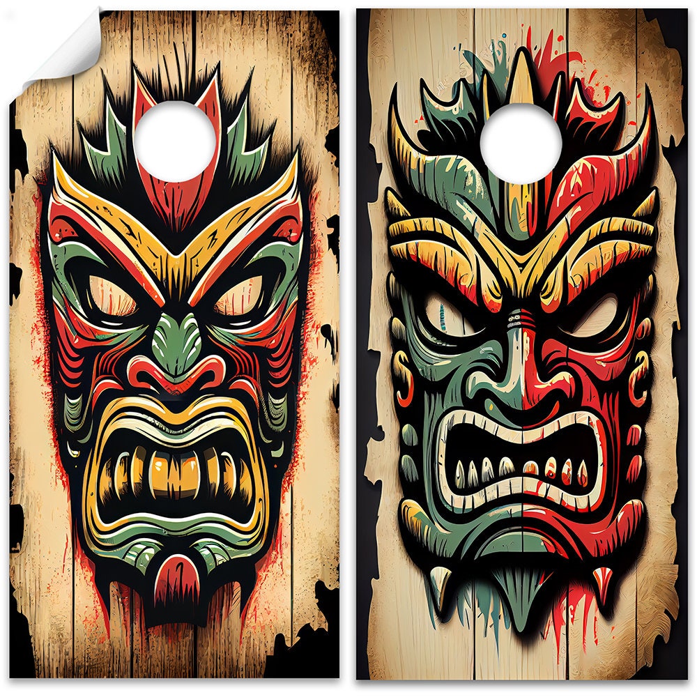 Tropical Tiki Masks - Cornhole Board Wrap - Set of 2